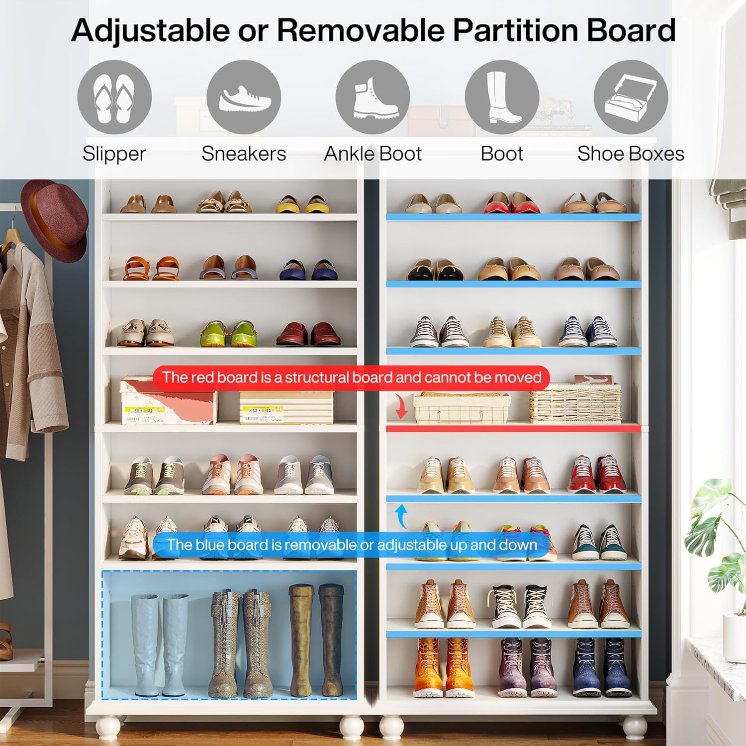 69" Tall Shoe Storage Cabinet with LED Lighting, 9-Tier 30 Pairs Freestanding Shoes Display Cabinet with Solid Wood Legs for Entryway, White