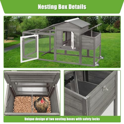 Wooden Chicken Coop Cage Outdoor Indoor Hen House with Nesting Box, Waterproof Roof, Removable Tray for Poultry Pets Enclosure Garden Backyard (GREY)