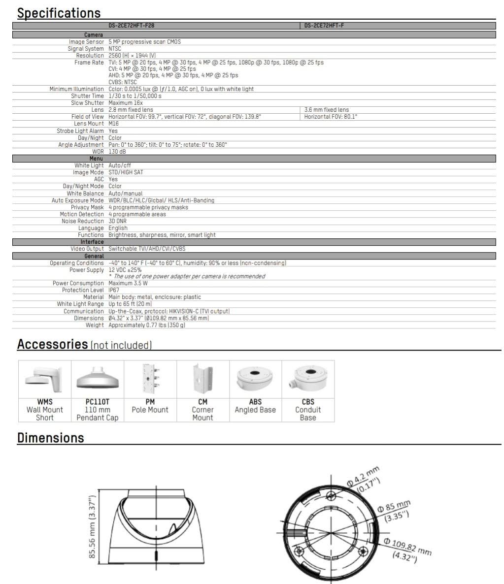 Hikvision ColorVu DS-2CE72HFT-F28 5 Megapixel Surveillance Camera - Turret
