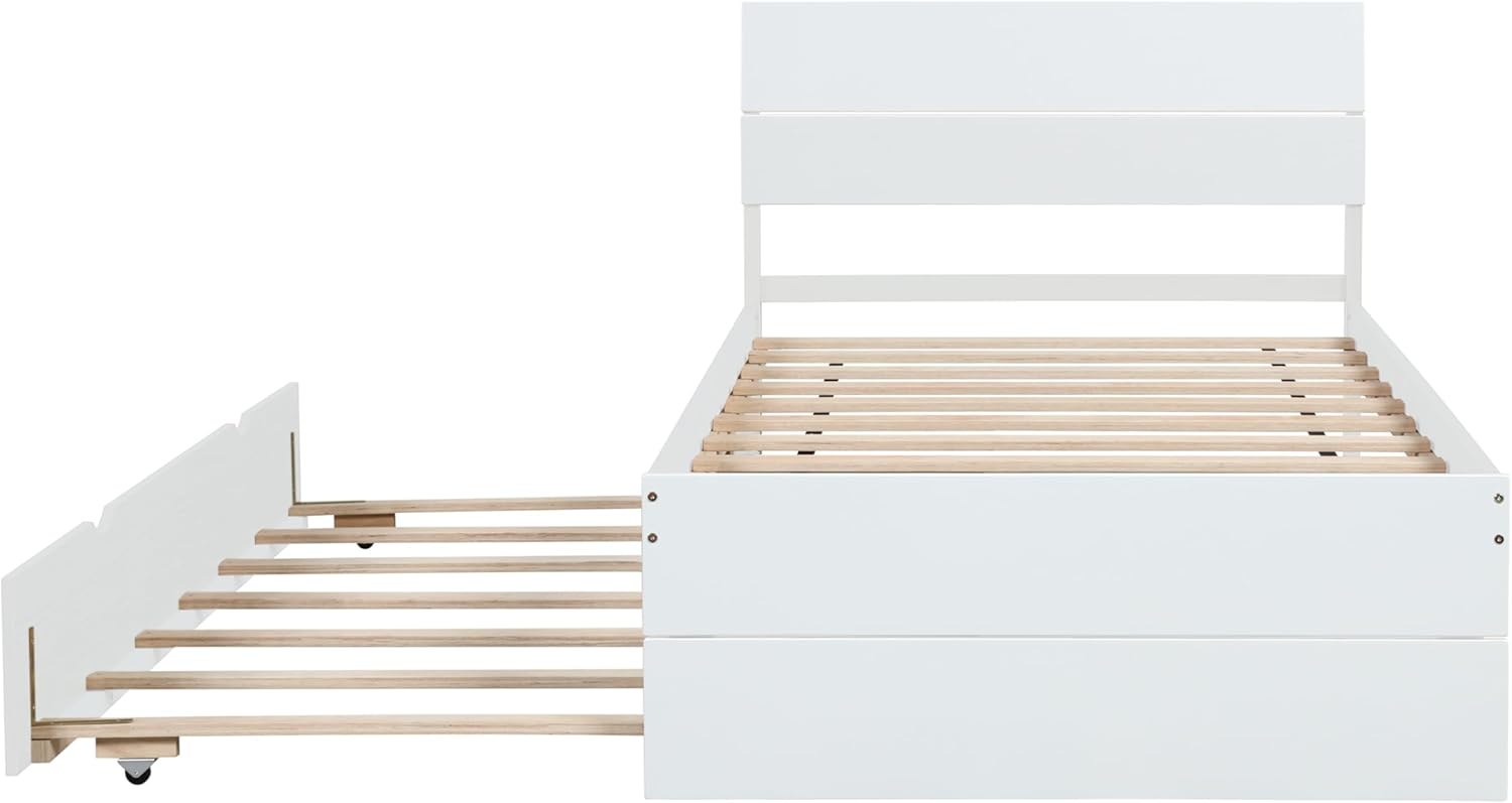 Modern Twin Bed Frame with Twin Trundle for White High Gloss Headboard and Footboard with Washed White Color