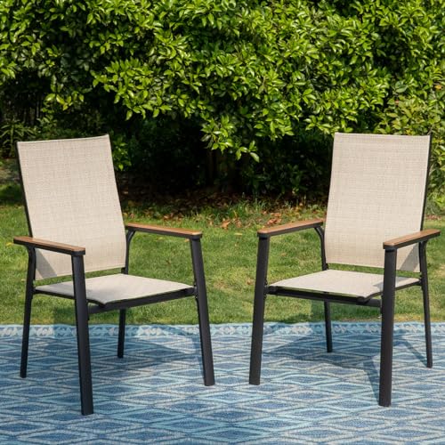 PHI VILLA Outdoor Stackable Dining Chairs Set of 6（Beige,Lightweight Aluminum Frame with Textilene Fabric & Wider Armrest,Easy to Store,Outdoor Chairs for Garden,Lawn