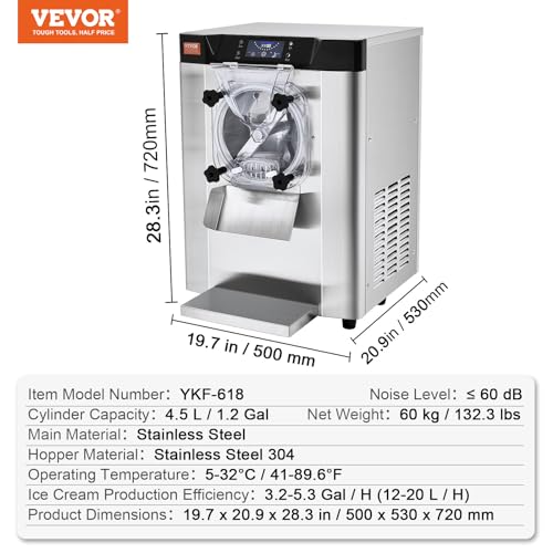 VEVOR Commercial Ice Cream Machine, 20-25L/H Yield, 2400W 1-Flavor Hard Serve Ice Cream Maker, 8L Stainless Steel Cylinder, Digital Display Auto Clean Adjustable Hardness, for Restaurant Snack Bars