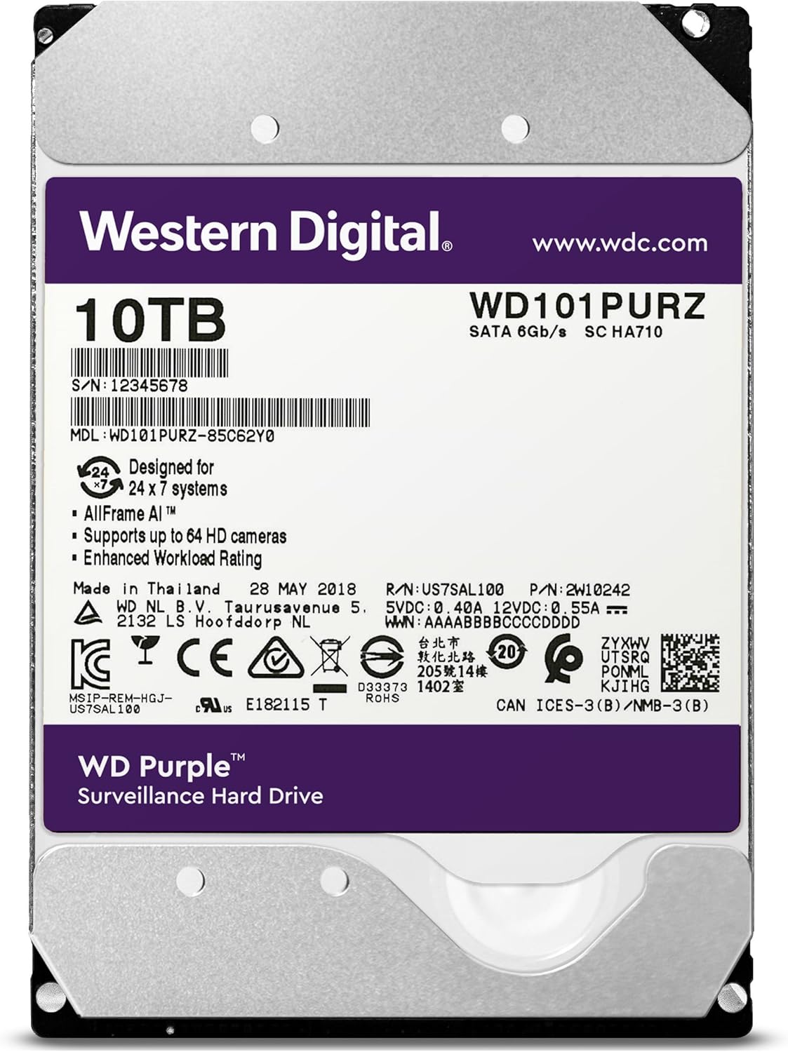 Western Digital 10TB WD Purple Surveillance Internal Hard Drive - SATA 6 Gb/s, , 256 MB Cache, 3.5" - WD101PURZ (Old Version)
