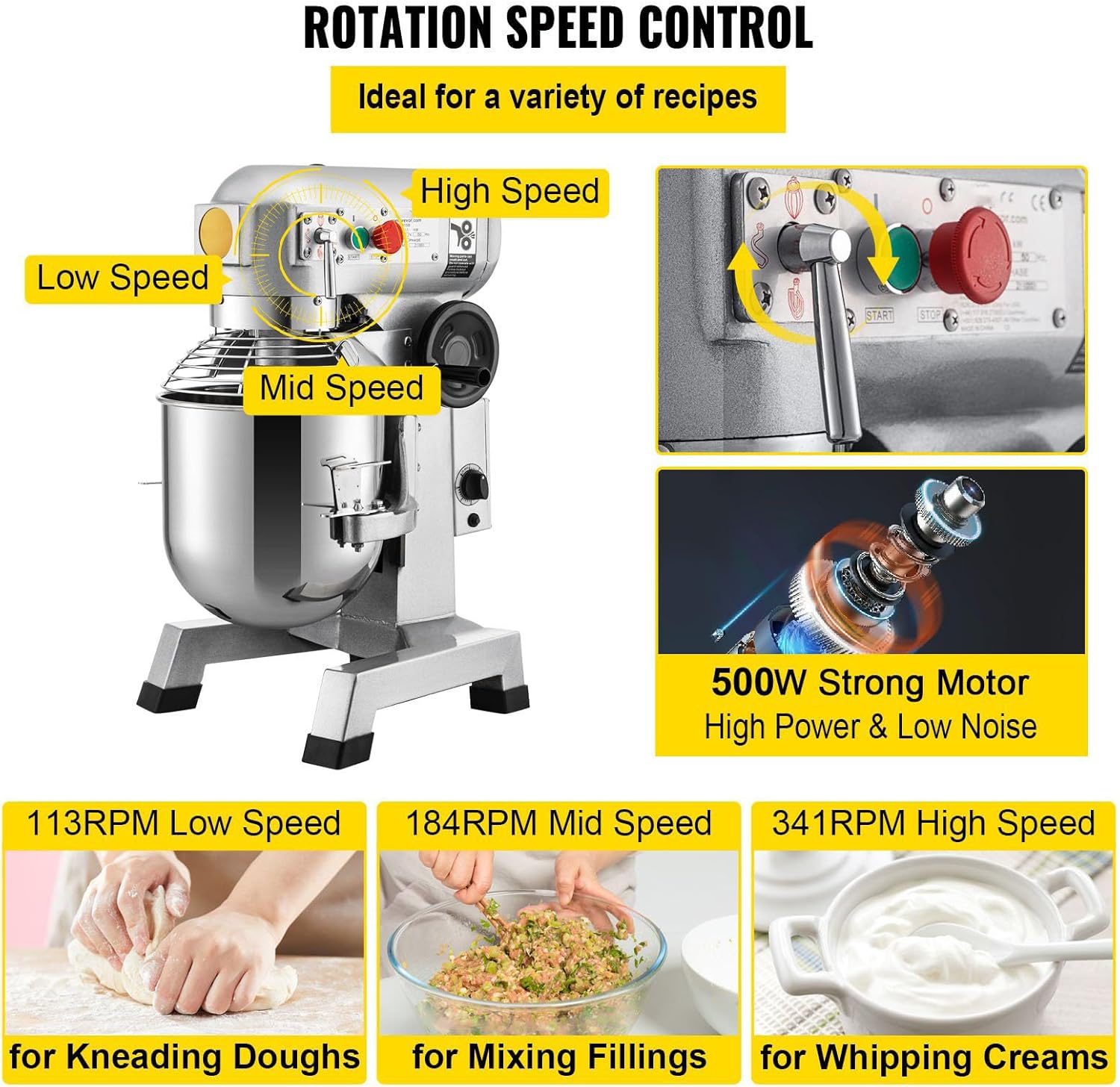 Heavy Duty 15Qt Commercial Food Mixer with Timing Function, 500W Stainless Steel Bowl, 3 Adjustable Speeds - Dough Hook Whisk Beater Included - Perfect for Bakery Pizzeria