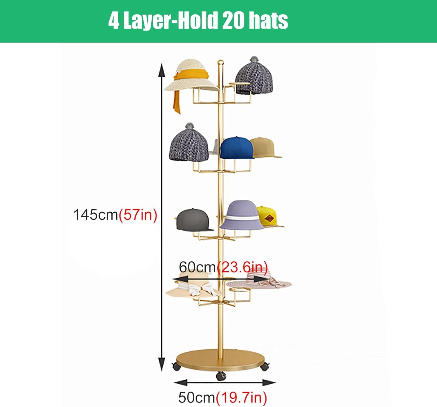 Commercial Modern Hats Display Rack Rotating Retail Hat Rack Stand with Wheels, Vertical Metal Hat Organizer for Multiple Wigs/Caps, 4 5 6 7 8 Tier Hat Headwear Racks (White 4 Layer)