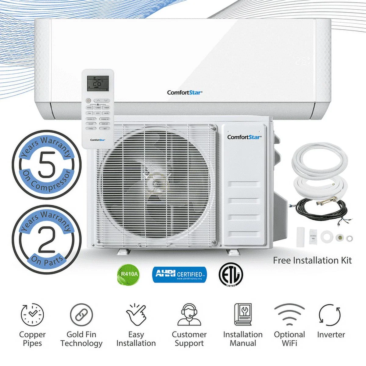 18,000 BTU 22 SEER2 Ductless Mini-Split Inverter+ Air Conditioner Heat Pump System Full Set 220V.