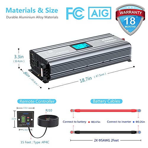 GIANDEL 2000W Pure Sine Wave Power Inverter FCC approved Low EMI DC 12V to AC 120V with a Hard Wire Terminal Block and Big LCD Display Wired Remote Controller for RV Truck Boat Solar System