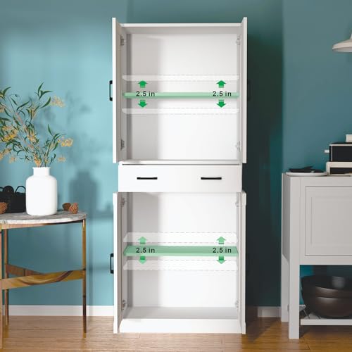 White Kitchen Pantry Cabinet, 71" Tall Kitchen Storage Cabinet with doors and drawer, Freestanding Wooden Storage Cabinet for Kitchen, Dining room, Hallway