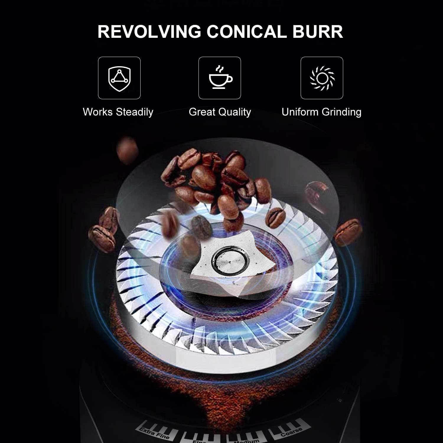 Electric Burr Coffee Grinder, Automatic Conical Burr Mill Coffee Bean Grinder with 12 Precise Grind Settings and Cup Selection, Large Capacity, Stainless Steel