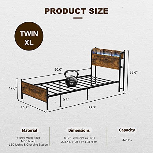Queen Bed Frame with LED Lights and Charging Station, Queen Platform Bed with Storage Shelf Headboard, Strong Metal Slats Support, No Box Spring Needed, Noise Free, Easy Assembly - Black