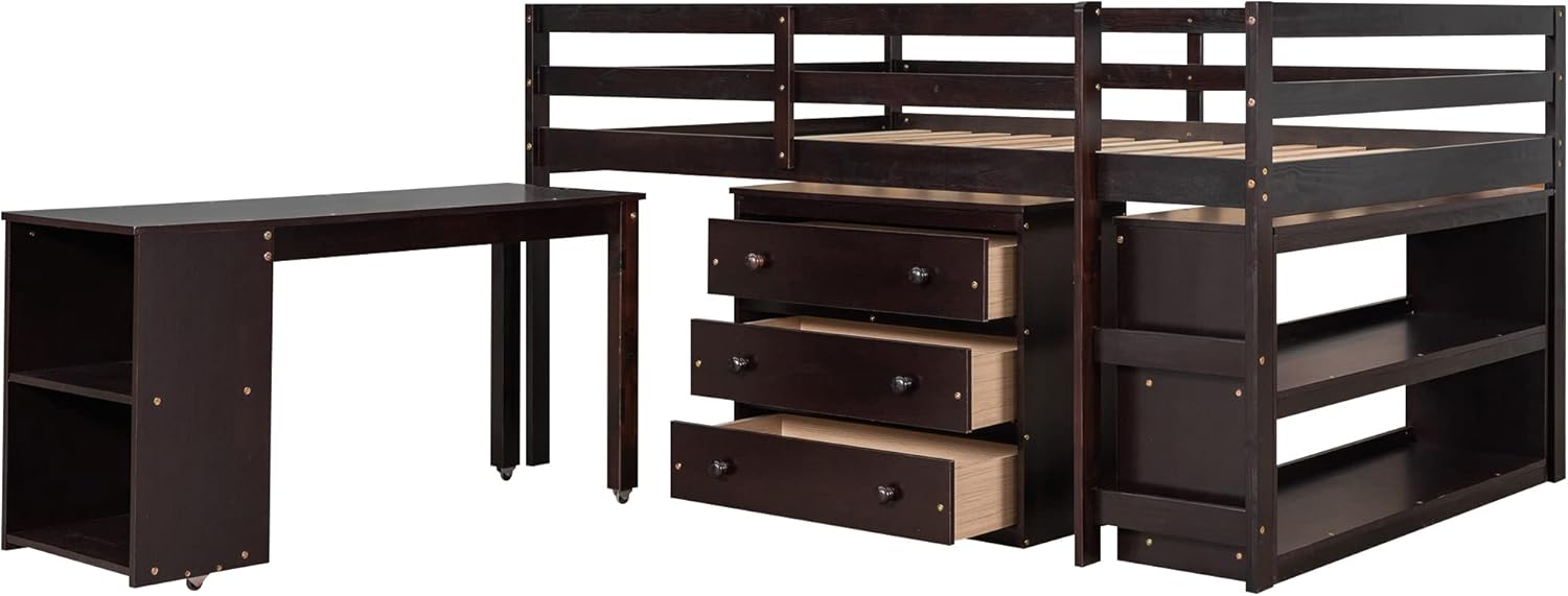 Low Study Full Loft Bed with Cabinet,Shelves and Rolling Portable Desk,Multiple Functions Bed- Espresso
