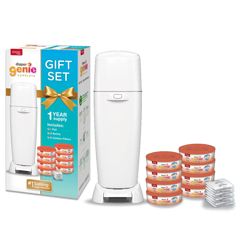 Playtex Diaper Genie Baby Registry Set, Includes 1 Diaper Genie Complete Diaper Pail, 8 Diaper Genie Clean Laundry Scent Refills and 8 Diaper Genie Carbon Filters For Odor Control