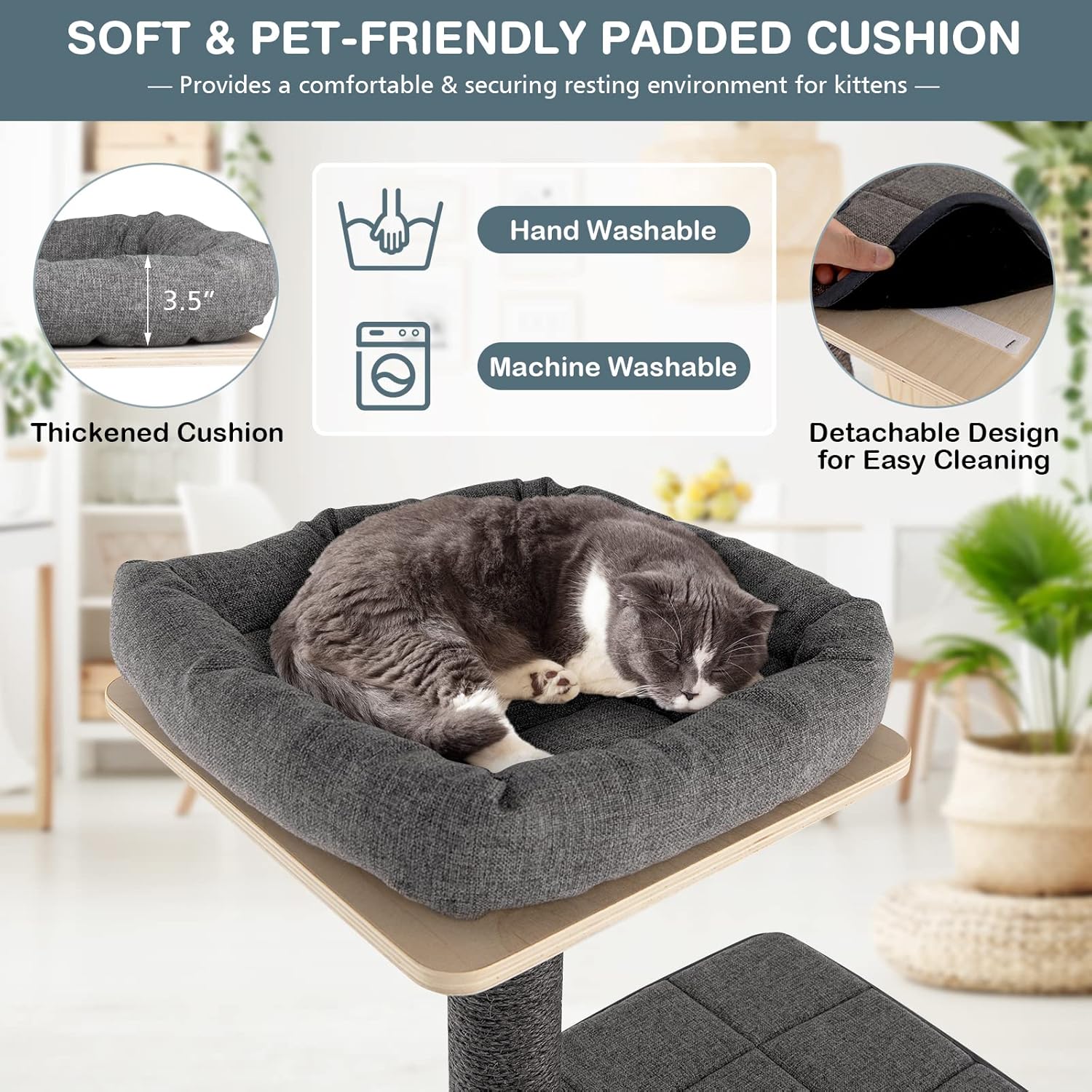 PETSITE 69" Tall Wooden Cat Tree Tower, Modern Cat Activity Center Tree with Sisal Posts & Scratch Board, Condo & Top Perch for Kitchen & Large Cat, Grey