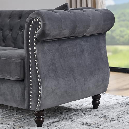 80" Grey Velvet Chesterfield Sofa for Living Room,2 Pcs 3 Seater Sofa Button Tufted Nailhead Trimming Curved Backrest Rolled Arms with Silver Metal Legs with 4 Pillows