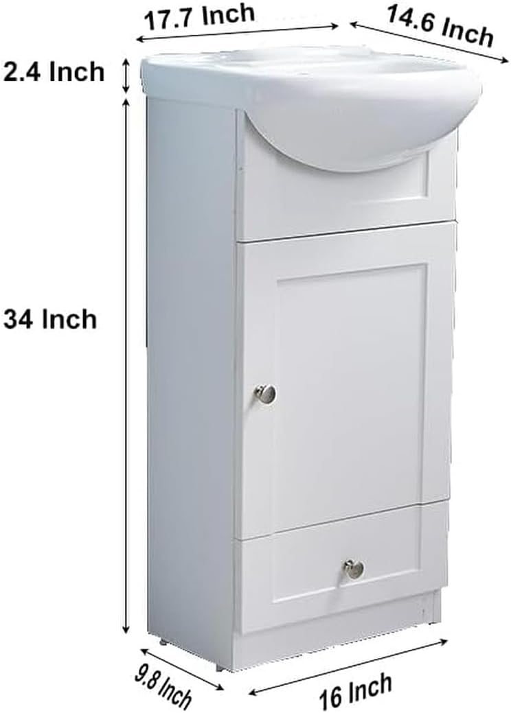 18" Small Bathroom Vanity with Sink, Modern Bathroom Vanity Set in White, Narrow Bathroom Vanity Sink Combo for Small Space, Bathroom Vanity Sink Cabinet with 1 Door and 1 Drawer