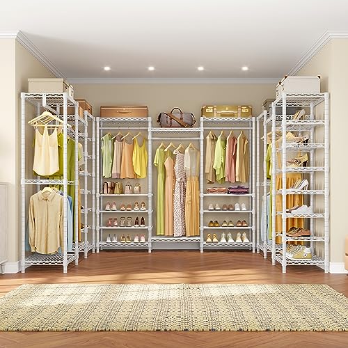 VIPEK S3i Heavy Duty Garment Rack with Adjustable Shoe Rack Wire Shelf, Large Wardrobe Closet Organizer Storage, Freestanding Clothes Rack with Hanging Rod, Custom Closet Rack, White
