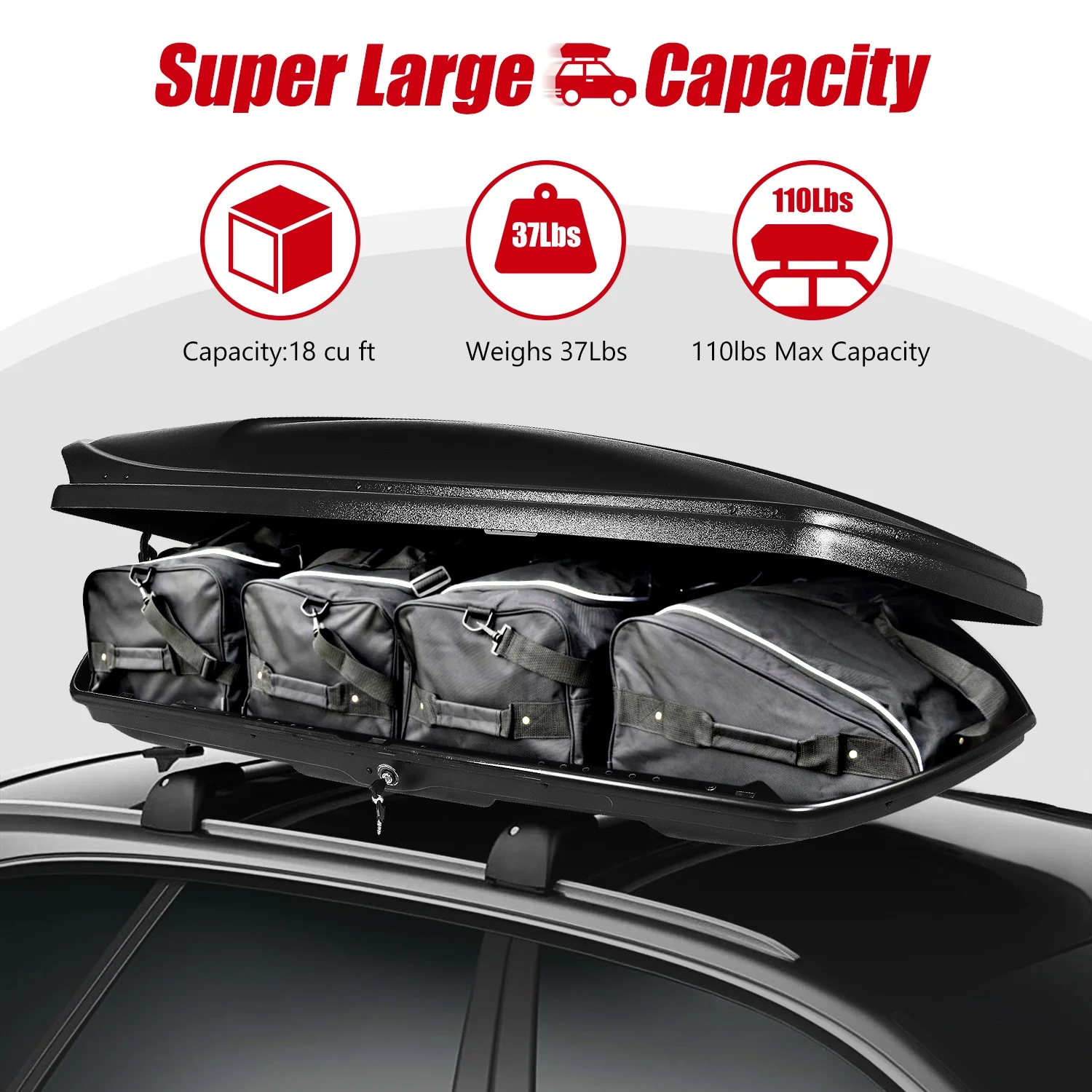 DNA Motoring PT-ZTL-8294-BK Universal SUV Roof Top Cargo Storage Box Luggage Carrier w/ Keys Textured Finish