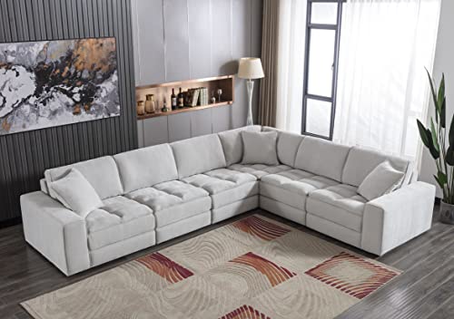 Roundhill Furniture Breton Modular Sectional Sofa Couch for Living Room, L Shape+Ottoman, 7-Piece, Oyster Grey