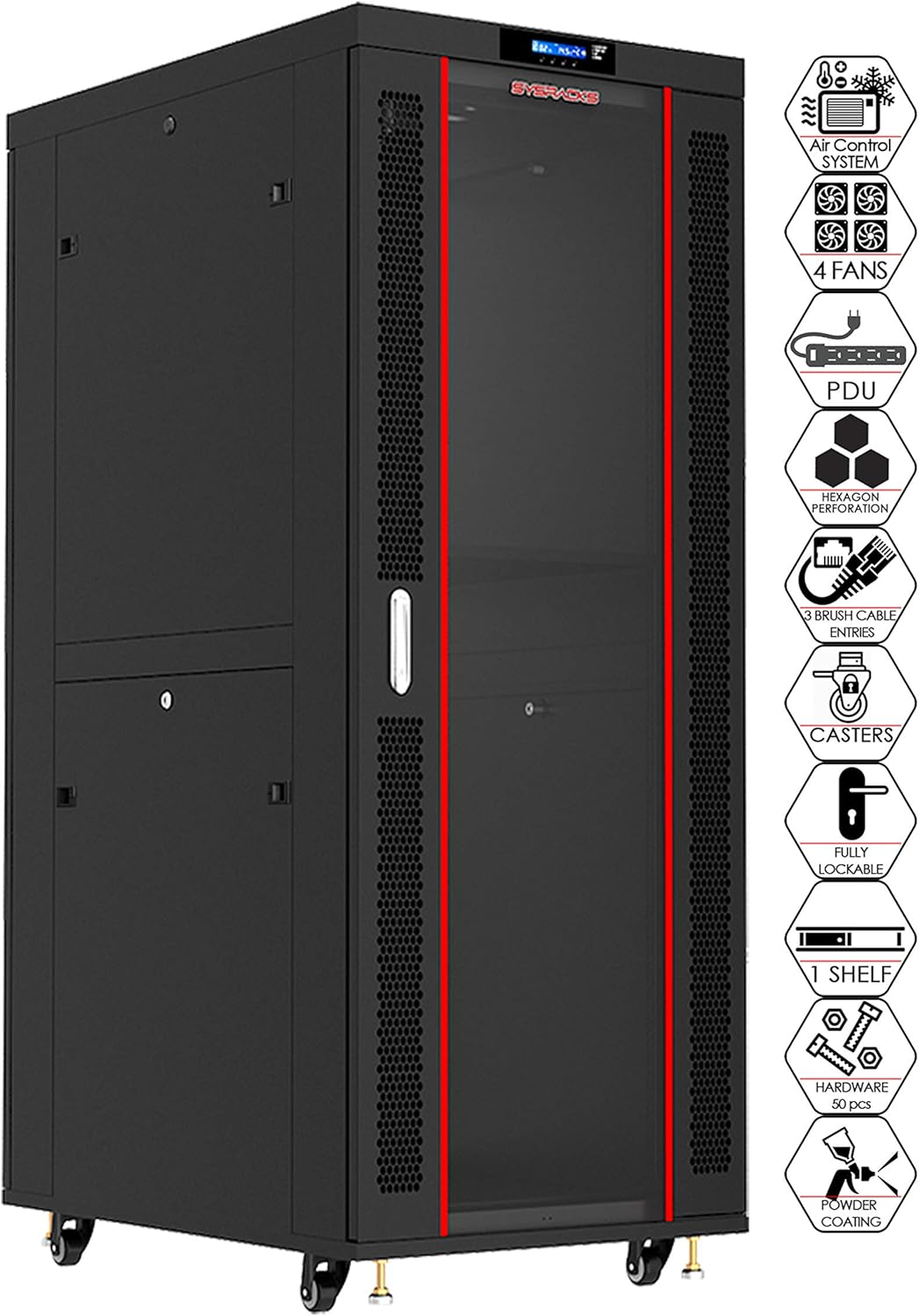Sysracks 18U Server Rack Network Enclosure 39 inch Deep Data Cabinet on Wheels - Fully Locking Network Rack - Thermostat - LCD Screen - Power Strip - 4 Cooling Fans - Shelf