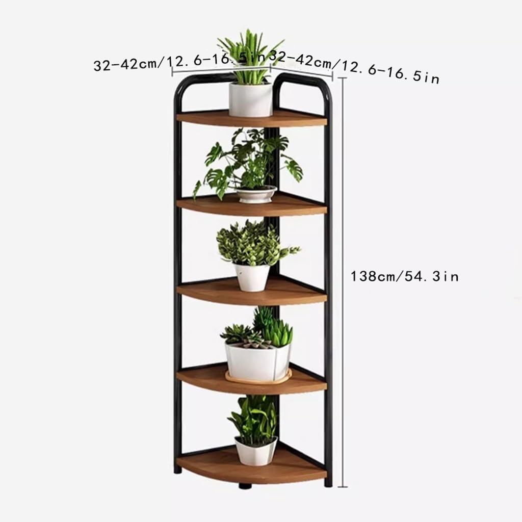 5 Tier Wood Plant Stand, Indoor Corner Metal Flower Rack, Multiple Flower Pot Holder Organizer for Home Garden Patio Bathroom Office Living Room Balcony