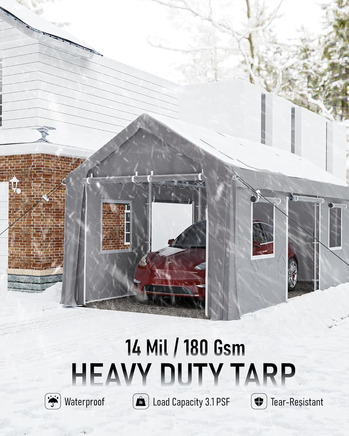 Carport 10'x20' Portable Garage Heavy Duty, 1.0 mm Steel Poles & 14 mil PE Tarp, with Front & Rear Doors, 2 Side Doors, and 4 Windows Screen, for Pickup Truck, and Boat, Silver Gray