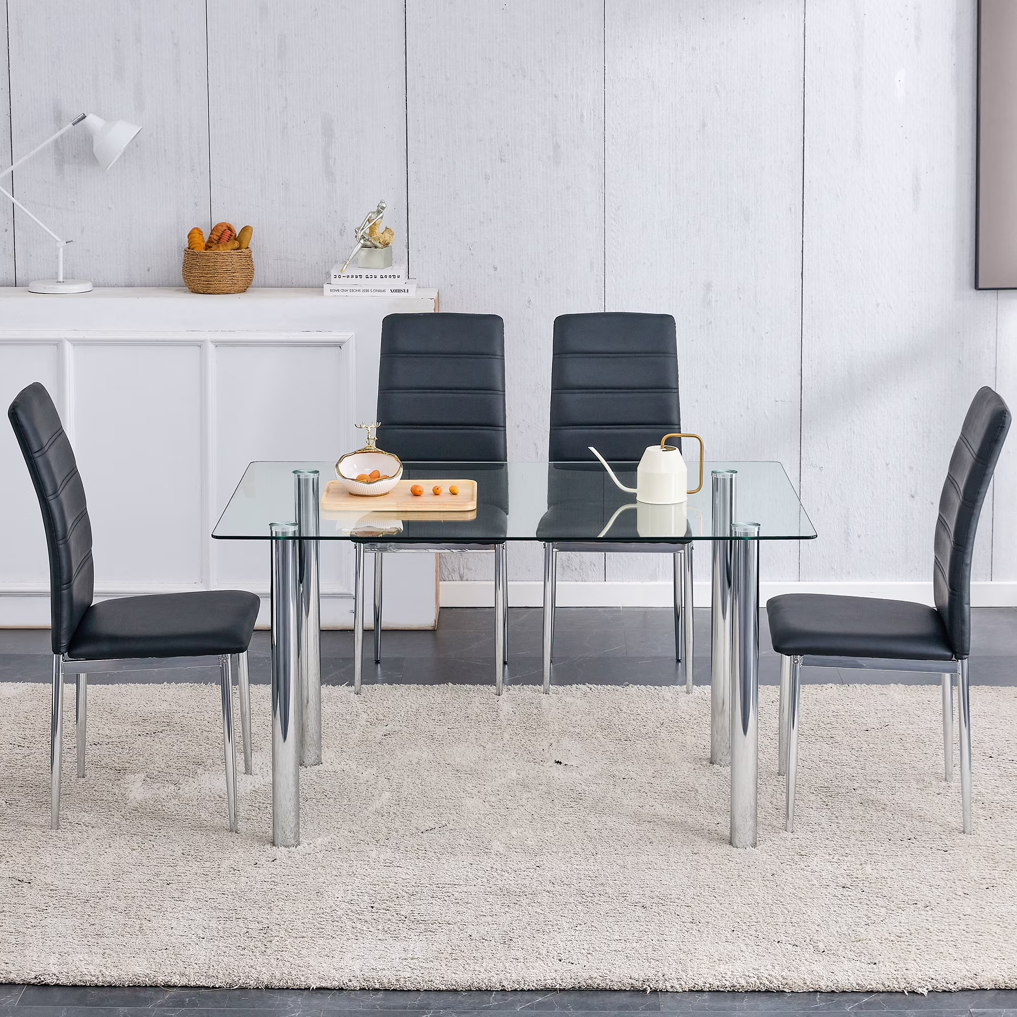 Atumon 5 Piece Glass Dining Table Set, Modern Dining Room Set for 4, Kitchen Dining Table with 4 Black PU Leather Chairs, Dining Table Set with Metal Legs for Dining Room Kitchen Apartment