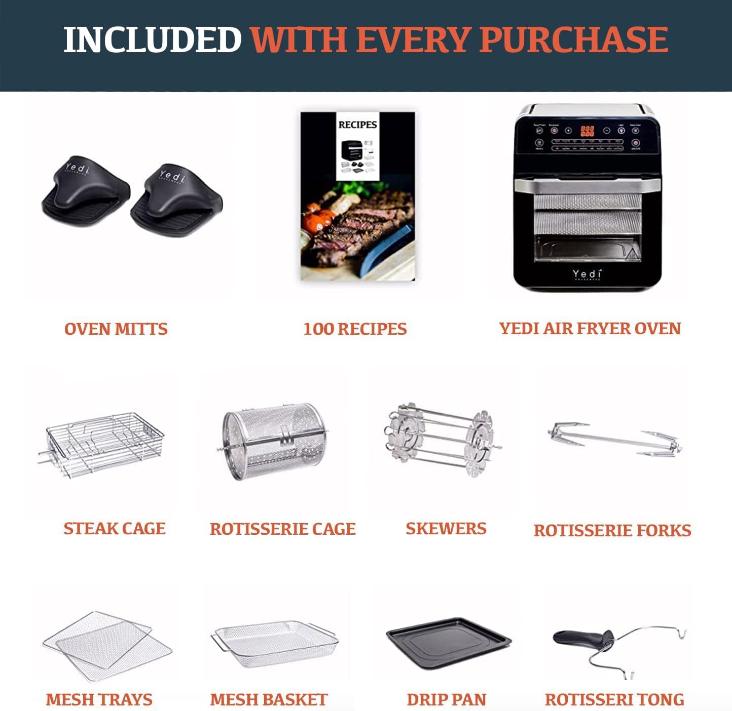 Yedi Total Package 18-in-1 Air Fryer Oven, Air Fryer with Rotisserie and Dehydrator + 100 Recipes, 12.7 Quart