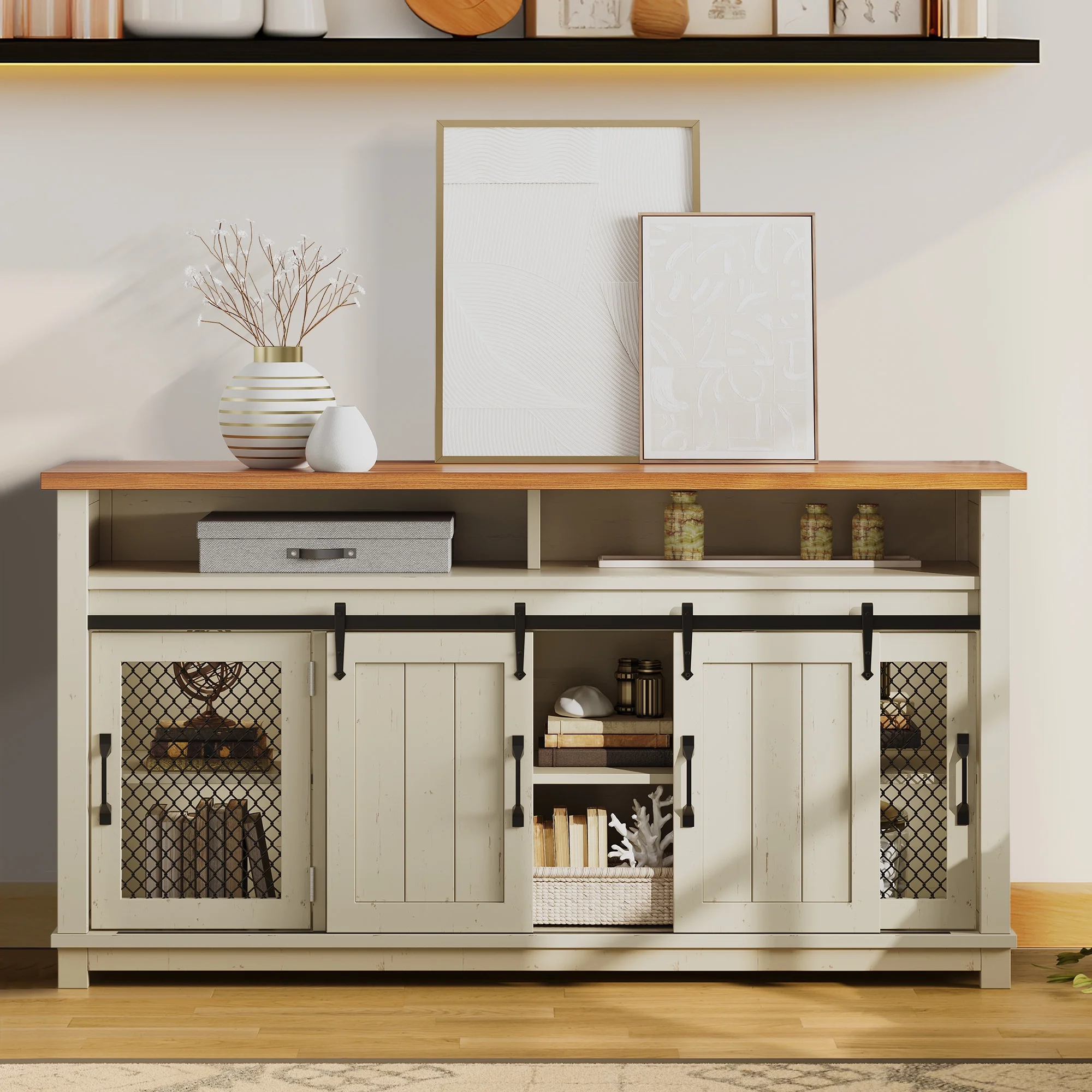 Dextrus Farmhouse Coffee Bar Cabinet, 63" Sideboard Buffet Cabinet with 2 Sliding Barn Door & 2 Visual Grid Doors, Buffet Storage Cabinet, Antique White