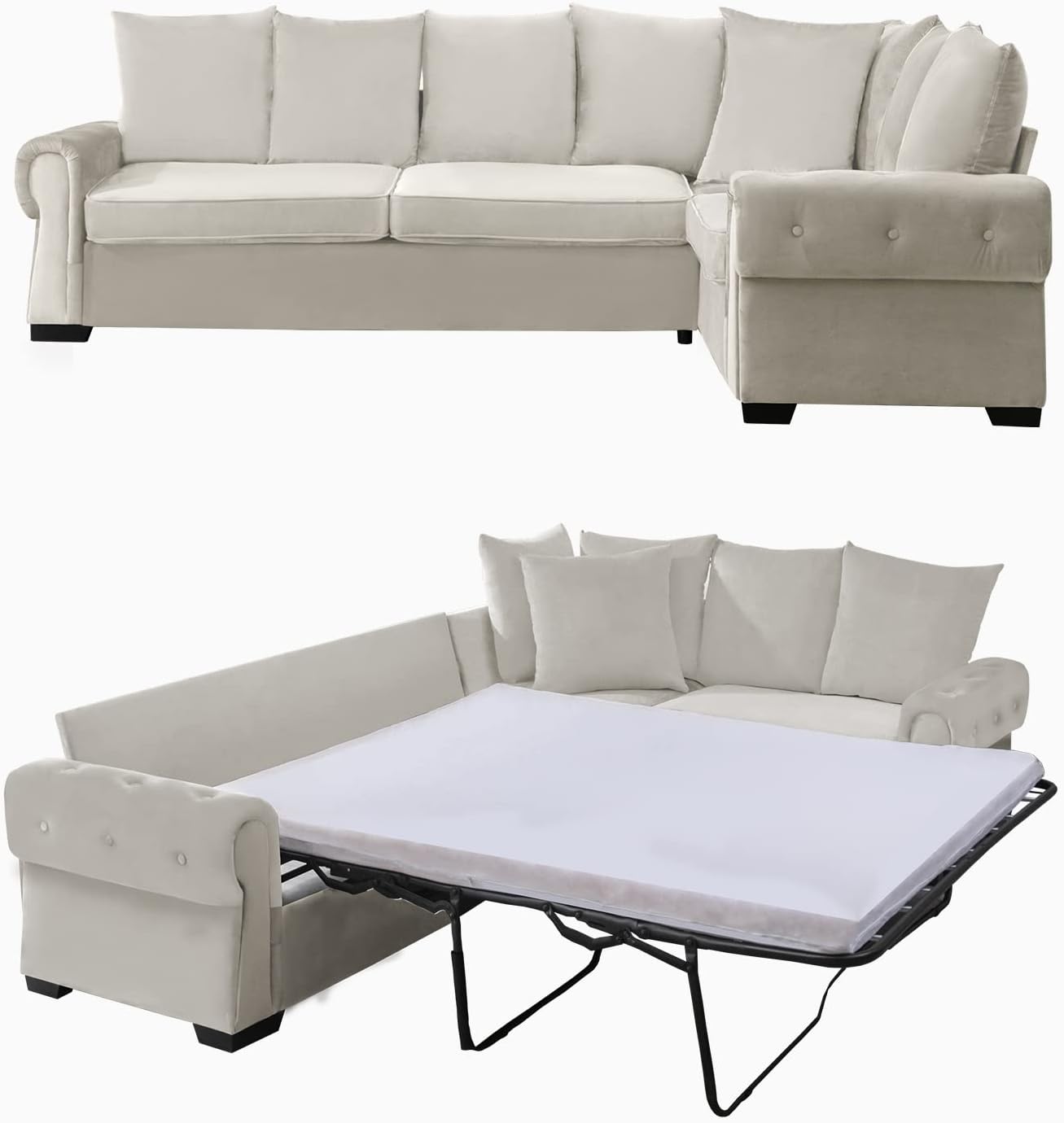 Mixoy Pull Out Sofa Bed, 2 in 1 Sleeper Sofa with Folding Foam Mattress, Multifunctional Pull Out Couch for Small Spaces, Living Room & Apartments, Beige