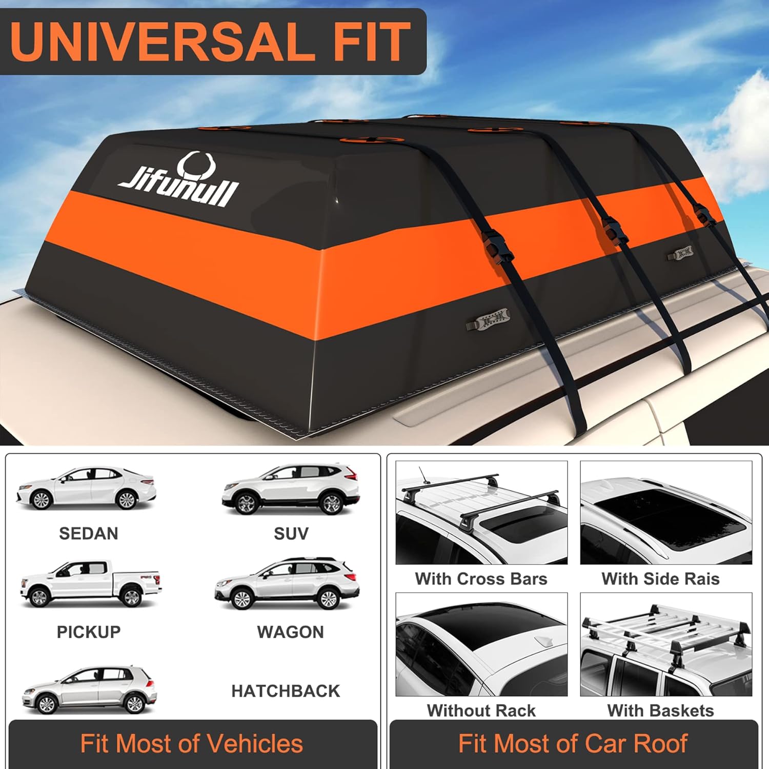 Jifunull Rooftop Cargo Carrier Bag 21 Cubic Feet, Waterproof Soft-Shell Roof Rack Cargo Carrier, 1000D PVC Anti-Tear Car Roof Bag for Vehicle with/Without Racks, Includes 7 Door Hooks, Anti-Slip Mat