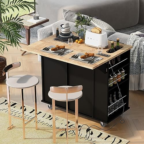 Kitchen Island with Storage, Island Table on Wheels with Drop Leaf, Power Outlet, Large Storage Cabinet, 2 Drawers, Wine Rack, Spice Rack, Portable Trolley Cart for Dining Room (White)