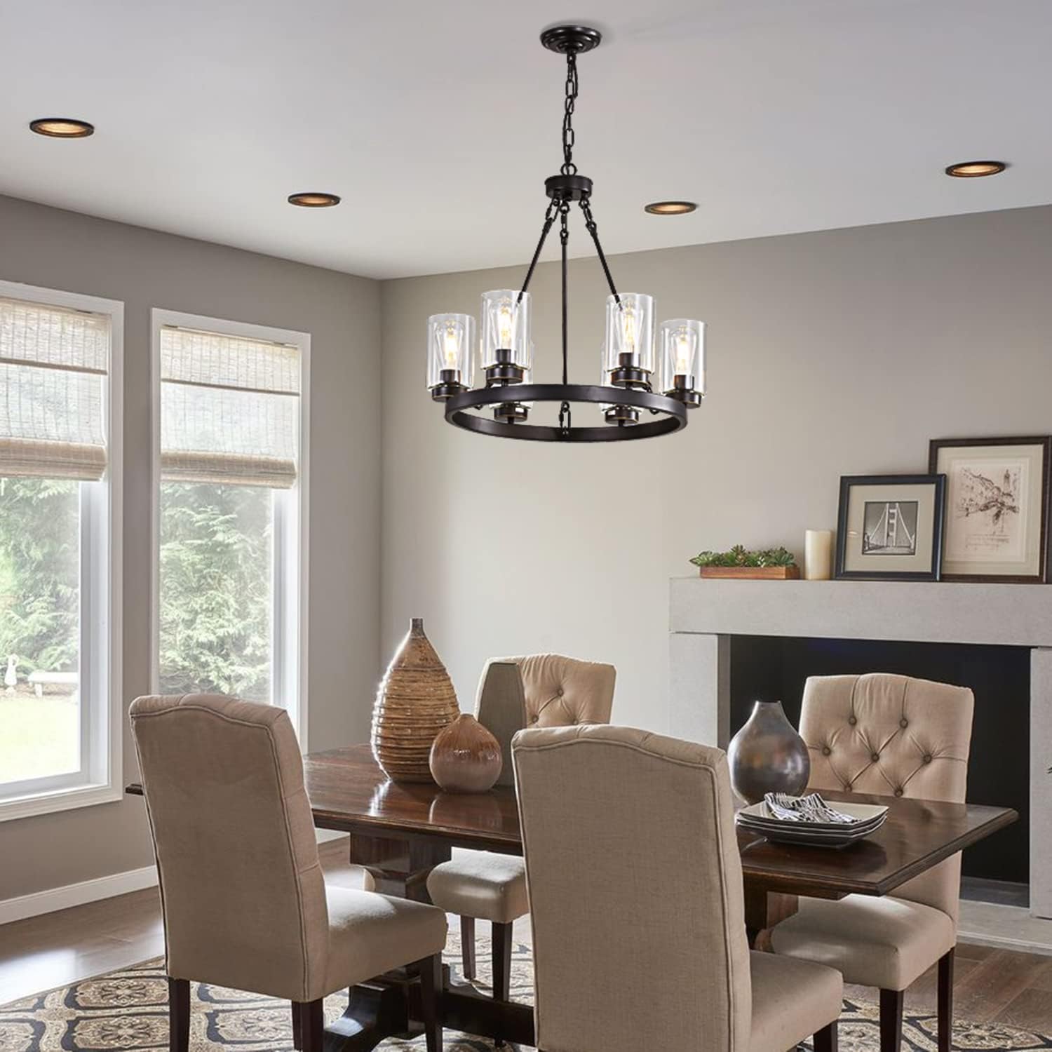 6-Light Large Industrial Rustic Farmhouse Wagon Wheel Chandelier Black Metal Large Round Dining Room Light Modern Rustic Light Fixture Iron Ring Chandelier Clear Glass Shade