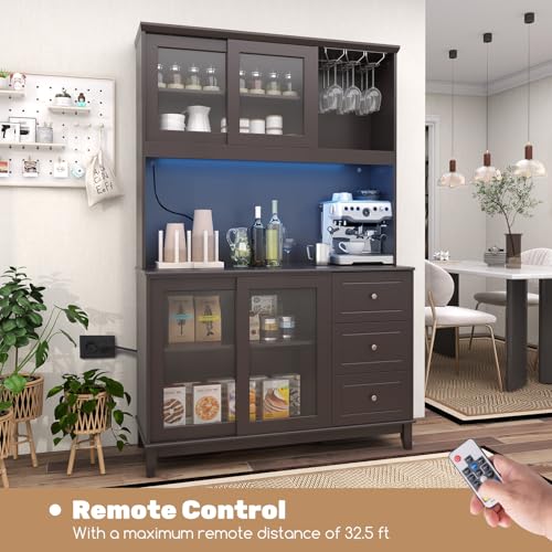 Giantex 73" Kitchen Pantry Storage Cabinet, Hutch Cabinet with LED Lights & Power Outlet, Kitchen Buffet Cabinet w/Wine Glass Racks, Countertop, Adjustable Shelves, Drawers for Dining Room (Espresso)