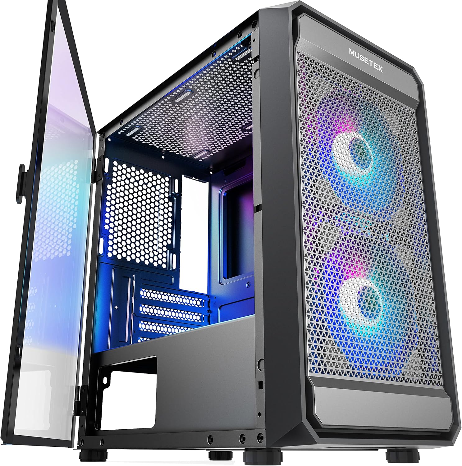 MUSETEX MATX (Micro-ATX) PC Case with 2pcs ARGB Fans Type-C Port USB 3.0 Airflow Mid Tower Mesh Front Panel Tempered Glass Side Door Mini ITX Computer Gaming Cases (Y3-N2-BW)
