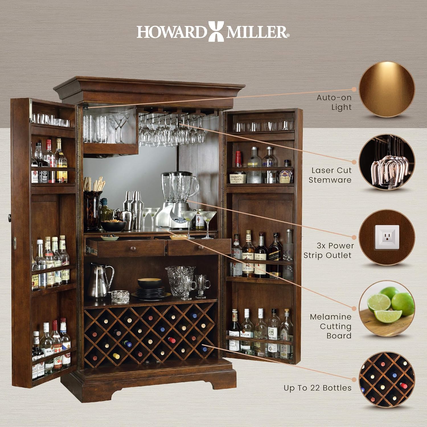 Howard Miller Sonoma II Wine & Bar Cabinet 695-065 – Cherry Bordeaux Finish, Lightly Distressed, Home Liquor Storage, Wooden Stemware Rack, 22 Bottle Wine Storage, Front Locking Doors