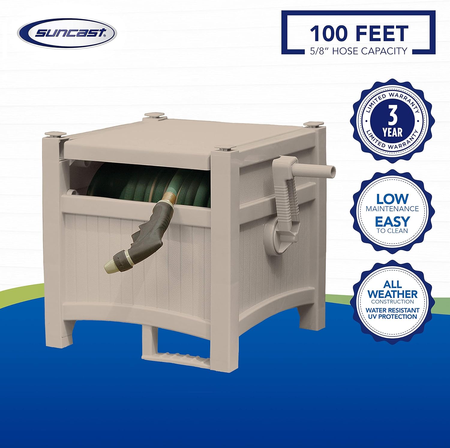 Suncast Resin Outdoor Hideaway 100 ft Durable Storage Reel with Crank Handle and Lid 100' Hose Capacity, Taupe