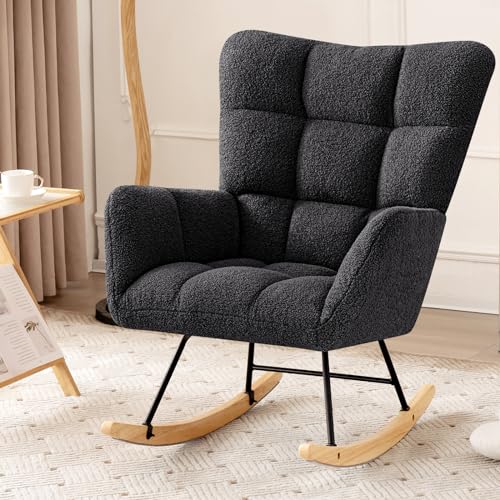 Furniliving Rocking Chair, Faux Fur Upholstered Glider Rocker, Padded Cushioned Seat Rocking Accent Chair with High Backrest, Comfy Reading Chair for Nursery, Living Room, Bedroom(Pink)