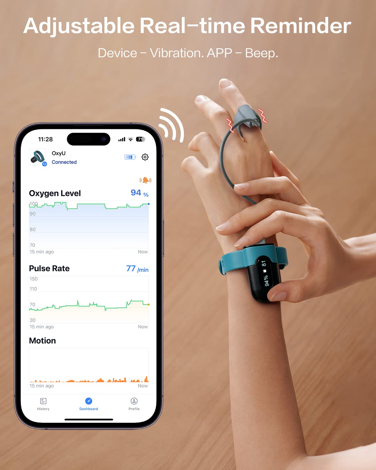 Vibeat OxyU Oxygen Monitor for O2 & Heart Rate Continuous Tracking, Wrist Wearable Pulse Oximeter, Notification of Threshold Exceed, Bluetooth Finger Oxygen Meter with Free App & PC Report