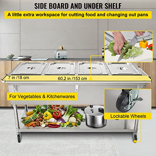 VEVOR Commercial Electric Food Warmer, 2-Pot Steam Table Food Warmer 0-100℃ w/ 2 Lockable Wheels, Professional Stainless Steel Material for Catering and Restaurants