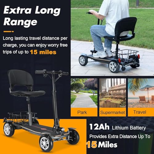 Mobility Scooters for Adults 15 Miles Driving Distance Weight Only 43lbs, 4 Wheeled Lightweight Travel Mobility Scooters, Foldable Portable Power Scooters for Seniors Support 280lbs