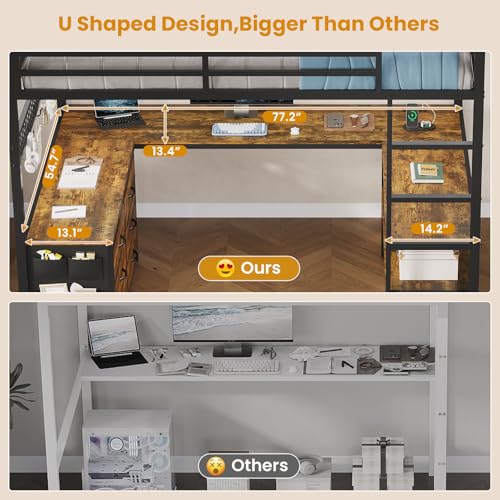 ADORNEVE Loft Bed Full Size with U-Shaped Desk, 6 Storage Drawers, Power Outlet, LED Metal Loft Bed with 2 Storage Shelves, Bed with Safety Guardrail & Ladders, No Box Spring Needed, Rustic Brown
