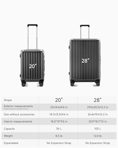LUGGEX Aluminum Frame Luggage with Spinner Wheels, Zipperless Polycarbonate Hard Shell Carry On Luggage, 20 Inch Suitcases, Charcoal Metallic