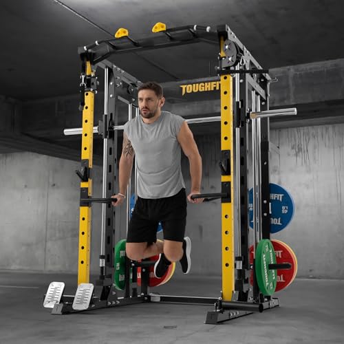 F4 Smith Machine, Power cage with Adjustable Cable Crossover System, All-in-One Squat Rack Training Equipment for Home Gym