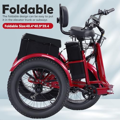 Electric Tricycle for Adults, Peak 750W/500W, Electric Trike, 20"x4.0" Folding Fat Tire 3 Wheel Electric Trike, Max 20MPH,with Large Basket and 48V 15/13 Ah Removable Battery