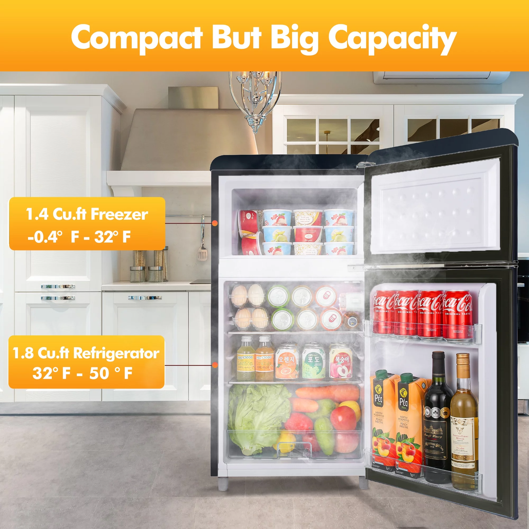 WANAI 3.5 Cu Feet Two Door Mini Fridge with Freezer,Black