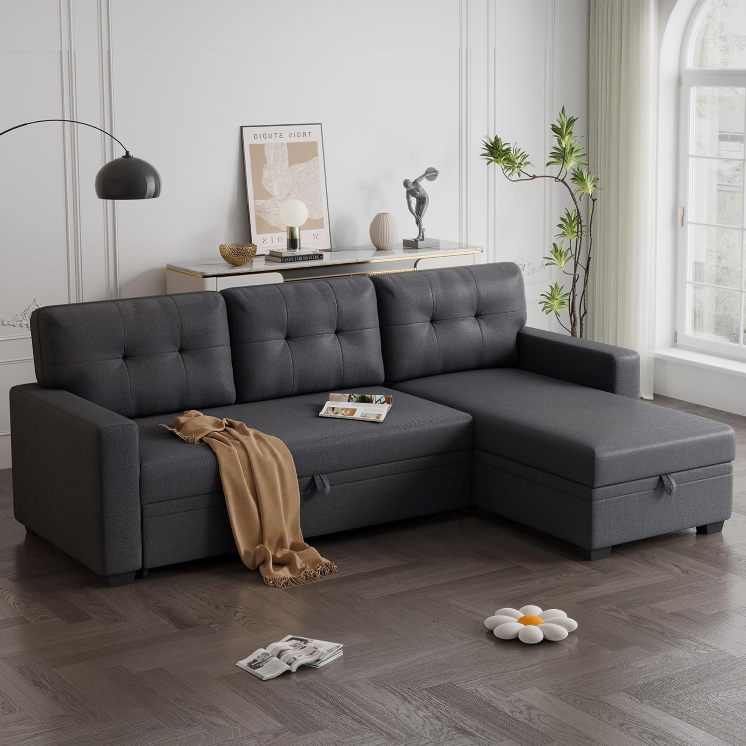 82" Upholstered Pull Out Sofa Bed with Storage Chaise,Linen Reversible Couch W/Tufted Backrest,3 Seater Sectional Sleeper for Living Room Apartment Office,Dark Gray