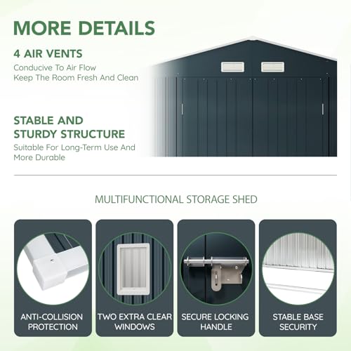10X12X7.5 FT Outdoor Steel Storage Shed with Lockable Doors, 2 Windows, Transparent Roof Panels (Wood Panels & Frame Floor Not Included), Ideal for Patio Storage,Garbage Can, Chicken Coop，Brown