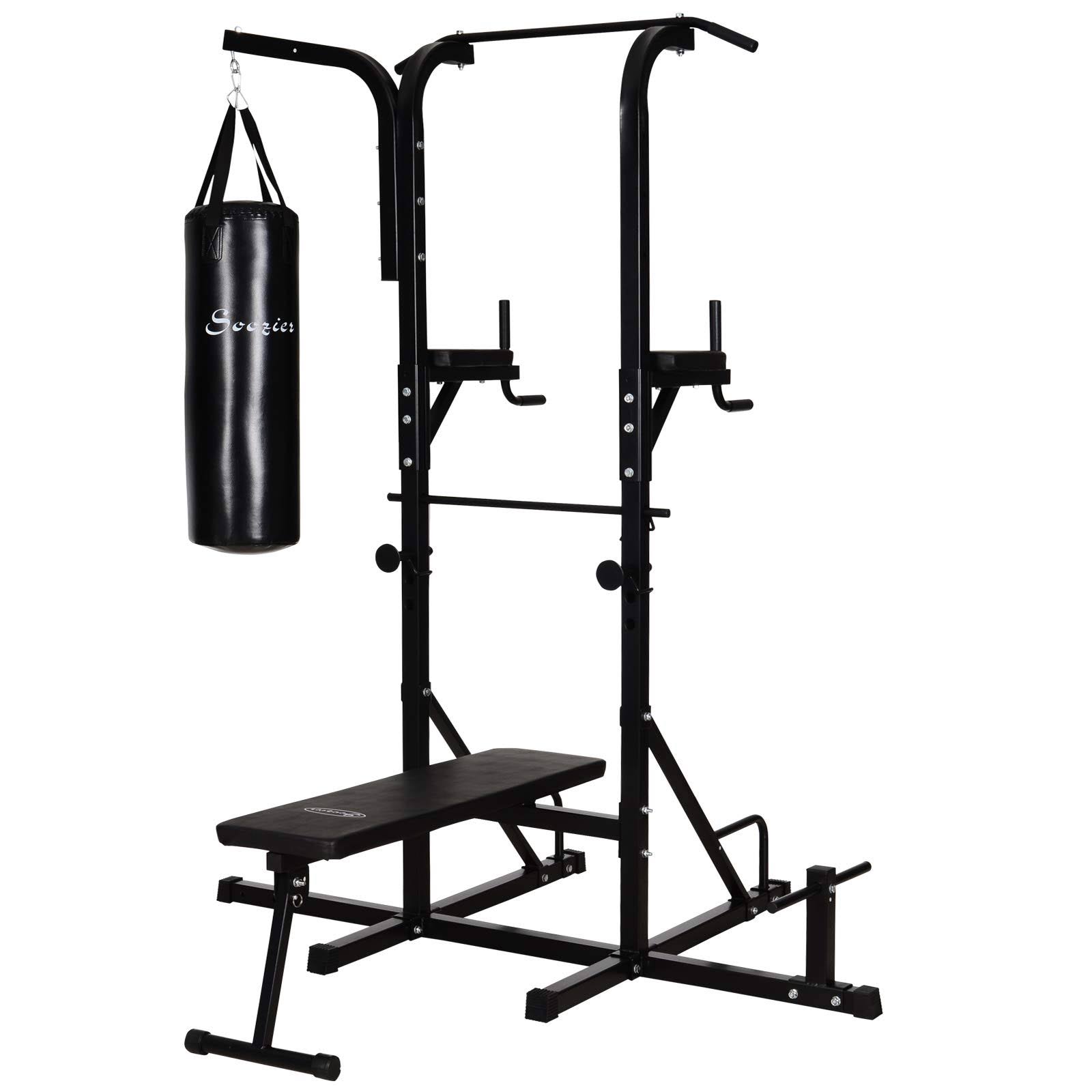 Soozier Home Gym Power Tower with Bench and Punching Bag, Multi-Function Adjustable Dip Sit Up Workout Station Equipment Heavy D
