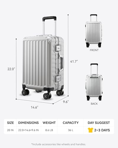 LUGGEX Aluminum Frame Luggage with Spinner Wheels, Zipperless Polycarbonate Hard Shell Carry On Luggage, 20 Inch Suitcases, Charcoal Metallic