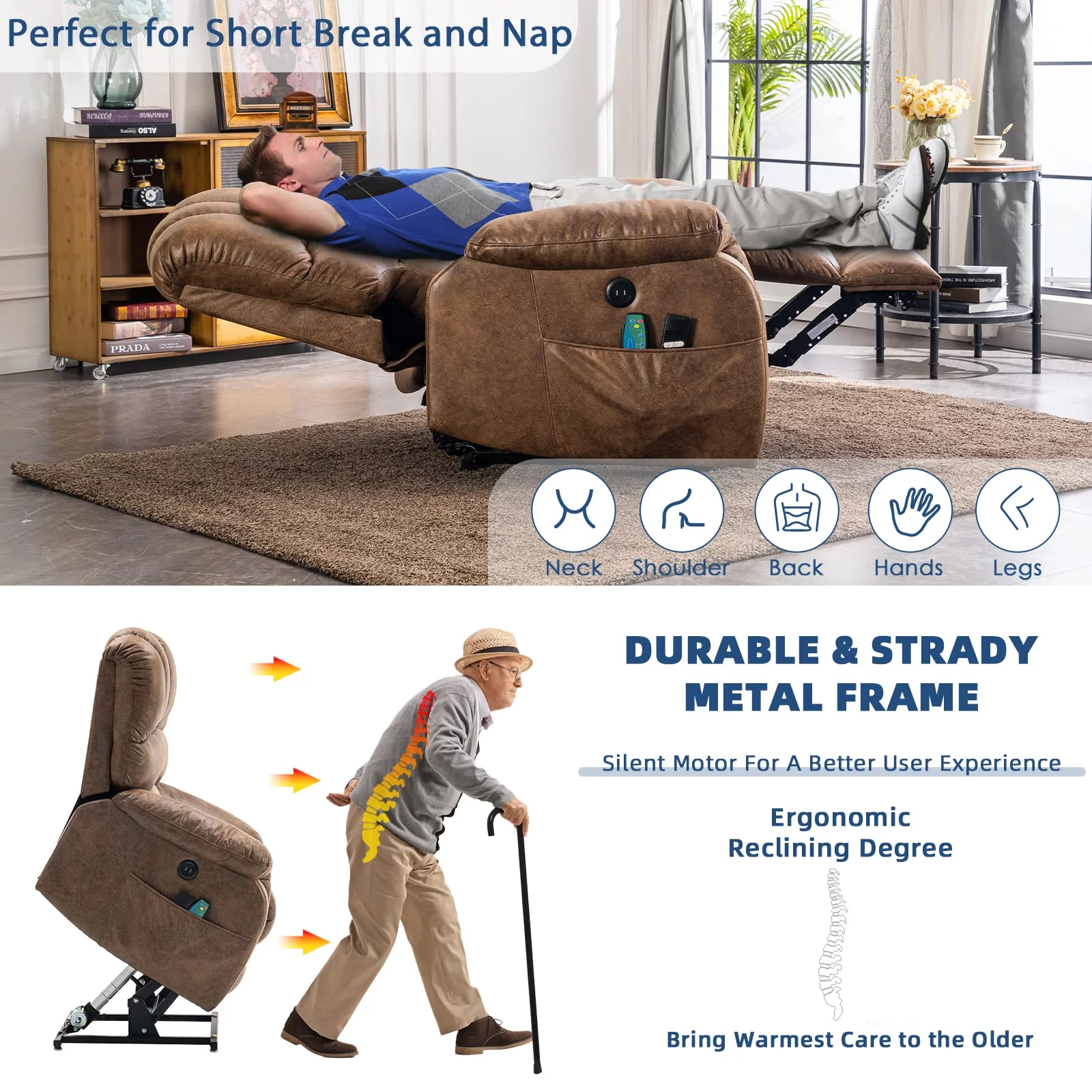 SOCIALCOMFY Dual Motor Large Electric Lift Recliner Chair for Elderly Big People, Heated Massage Lay Flat Sleeper Power Recliner, Infinite Position, 2 Remote Controls, Side Pockets & USB Ports, Brown